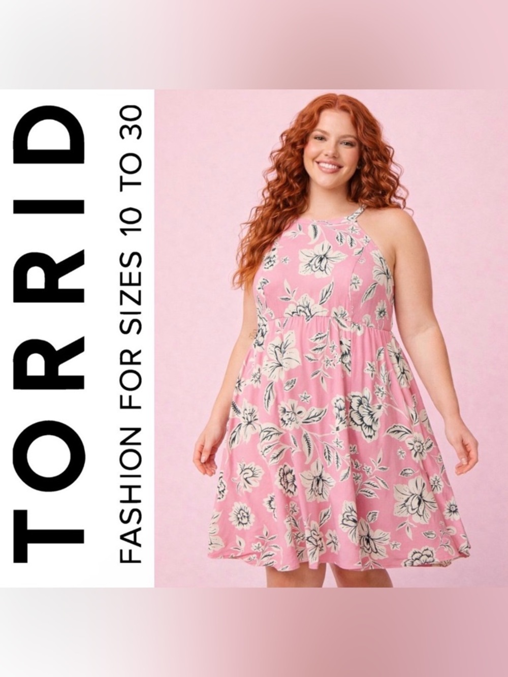 Torrid Pink Floral A-Line Hi-Lo Hem Mini Halter Dress, Large, NWT!